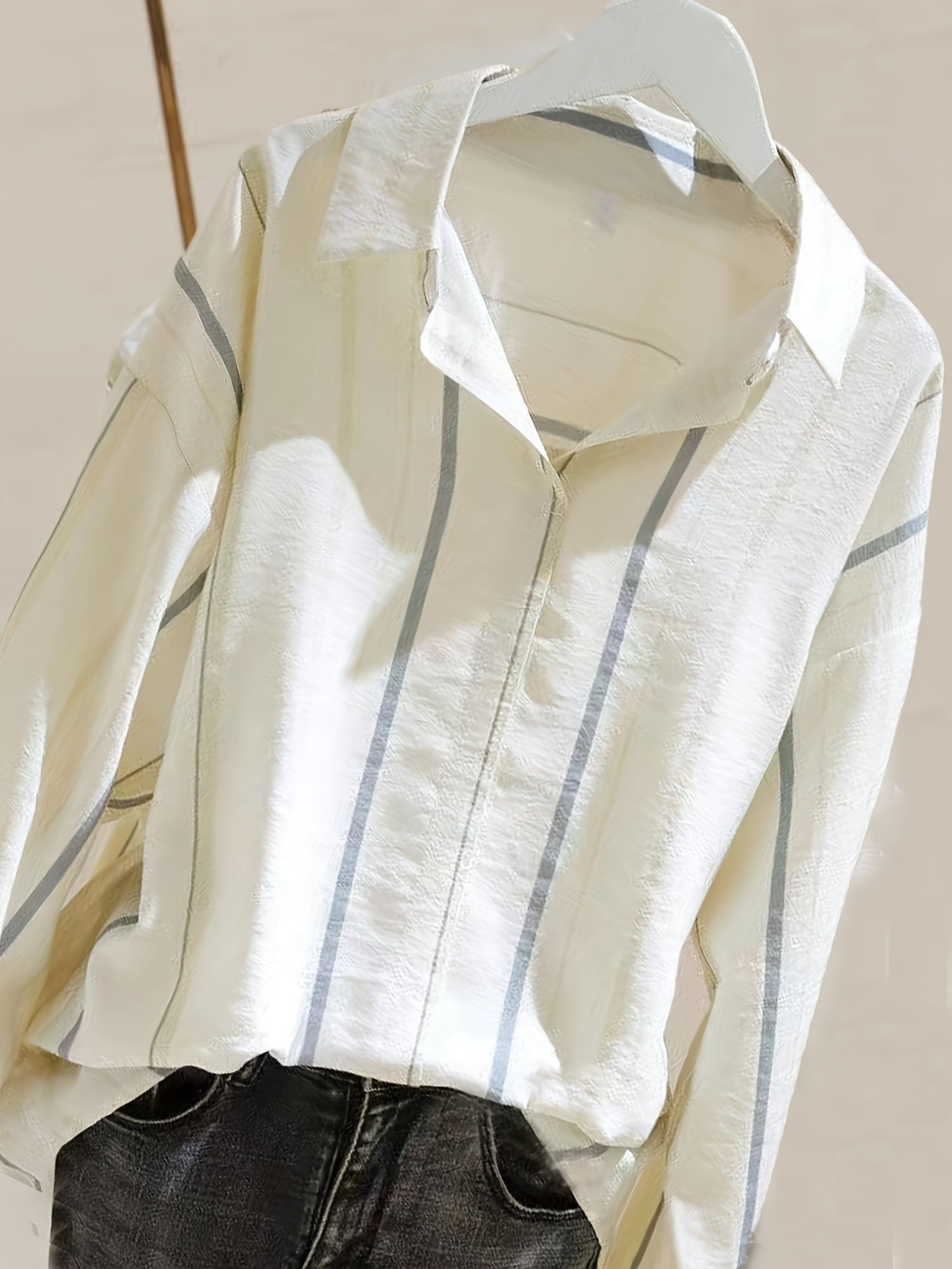 Striped Lapel Long Sleeve Shirt Casual Loose Top