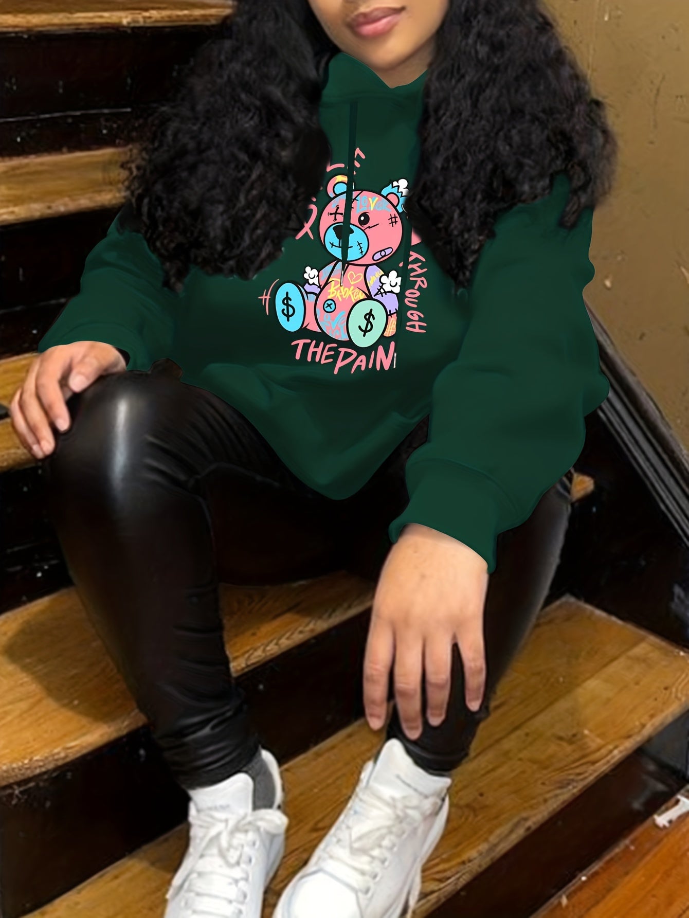 Broken Bear Print Hoodie Long Sleeve Sweatshirt