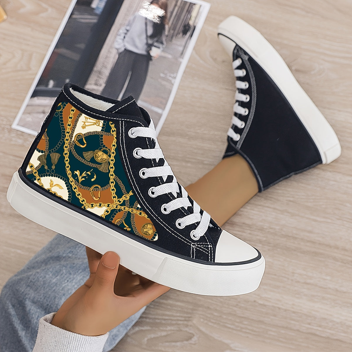 Retro Chain Print Plush Lined Thermal Chunky Canvas Sneakers