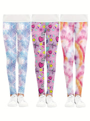 3pcs Girls Bow Heart Fish Scale Tie Dye Athletic Workout Leggings