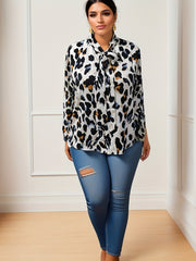 Leopard Print Bow Knot Long Sleeve Blouse