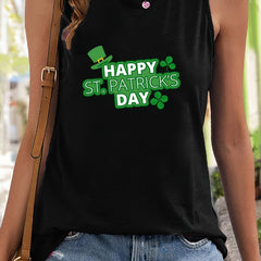 Leaf & Letter Print Sleeveless Sports Vest Round Neck Casual Top