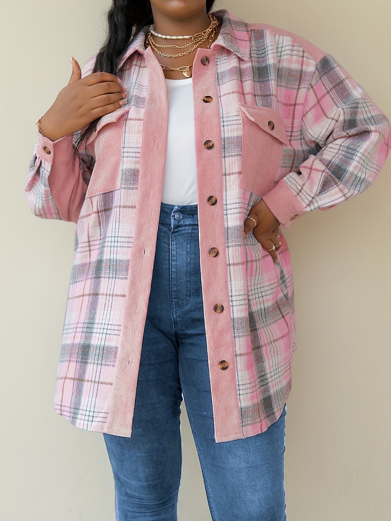 Plaid Button Up Lantern Sleeve Tunic Shirt