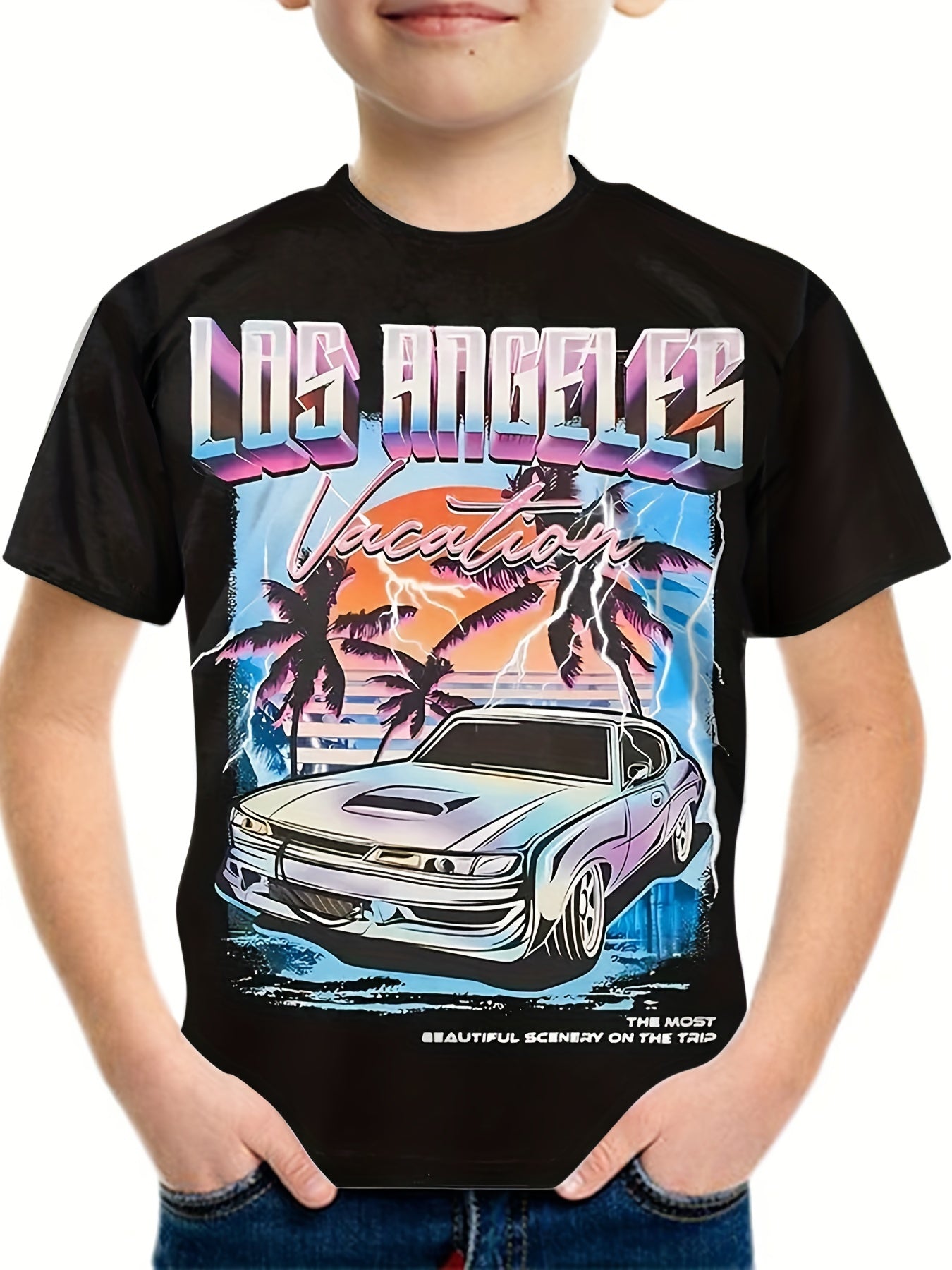LA & Car Print Boys T-shirt Breathable & Stretchy Summer Casual Tee