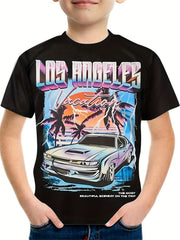 LA & Car Print Boys T-shirt Breathable & Stretchy Summer Casual Tee
