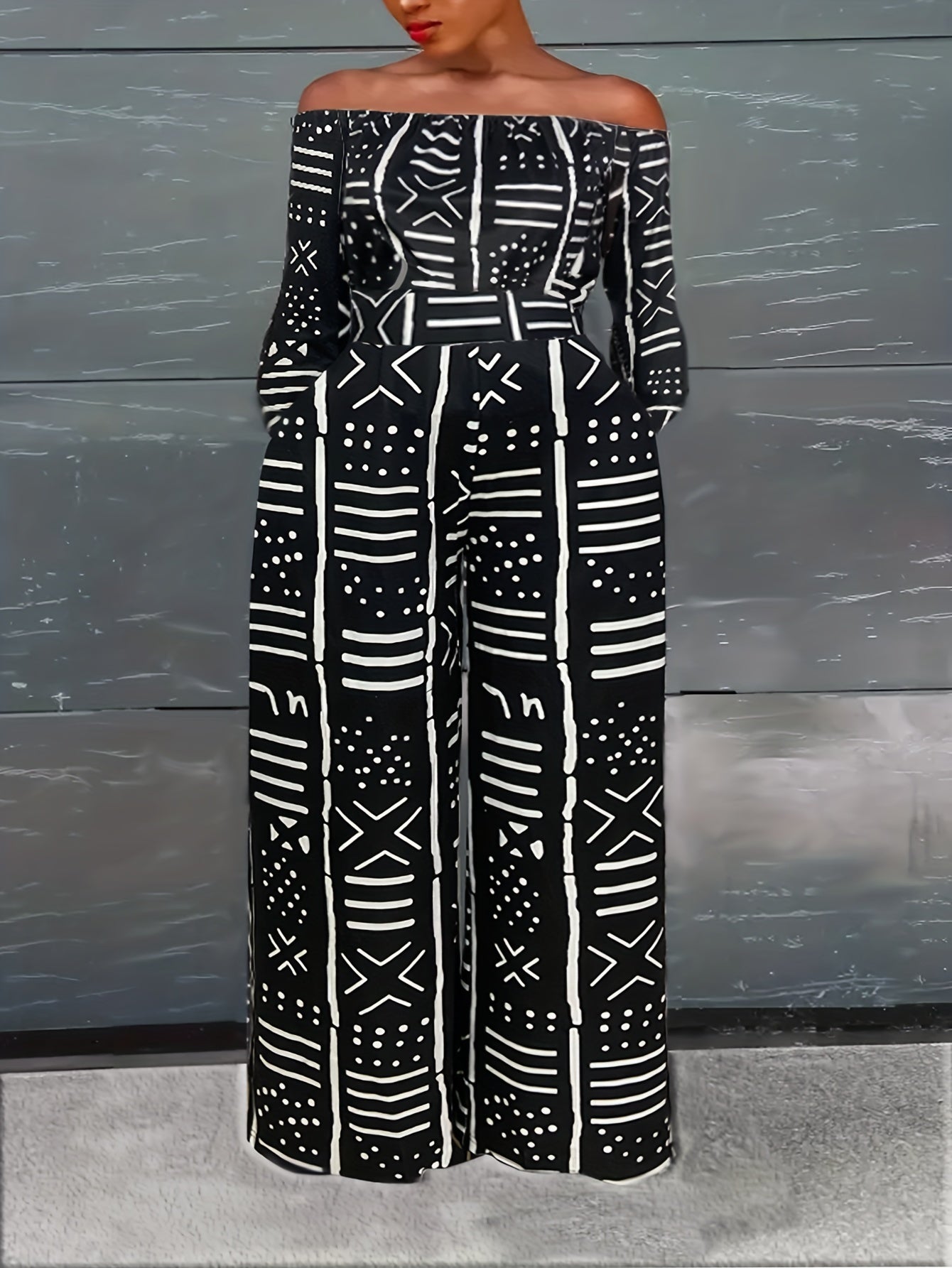 Geometric Print Off Shoulder Crop Top & Pants Set