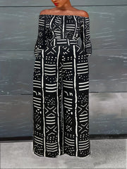 Geometric Print Off Shoulder Crop Top & Pants Set