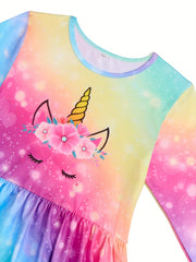 Unicorn Tie Dye Graphic Long Sleeve Dress Girls