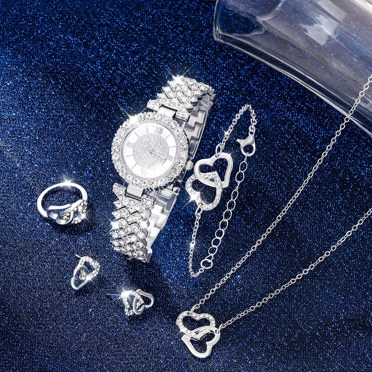 Kids Rhinestone Watch & Jewelry Set, Roman Digital Analog, 5pcs