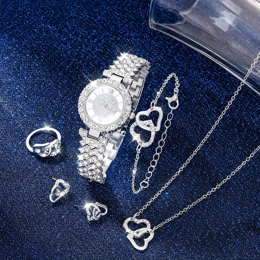 Kids Rhinestone Watch & Jewelry Set, Roman Digital Analog, 5pcs