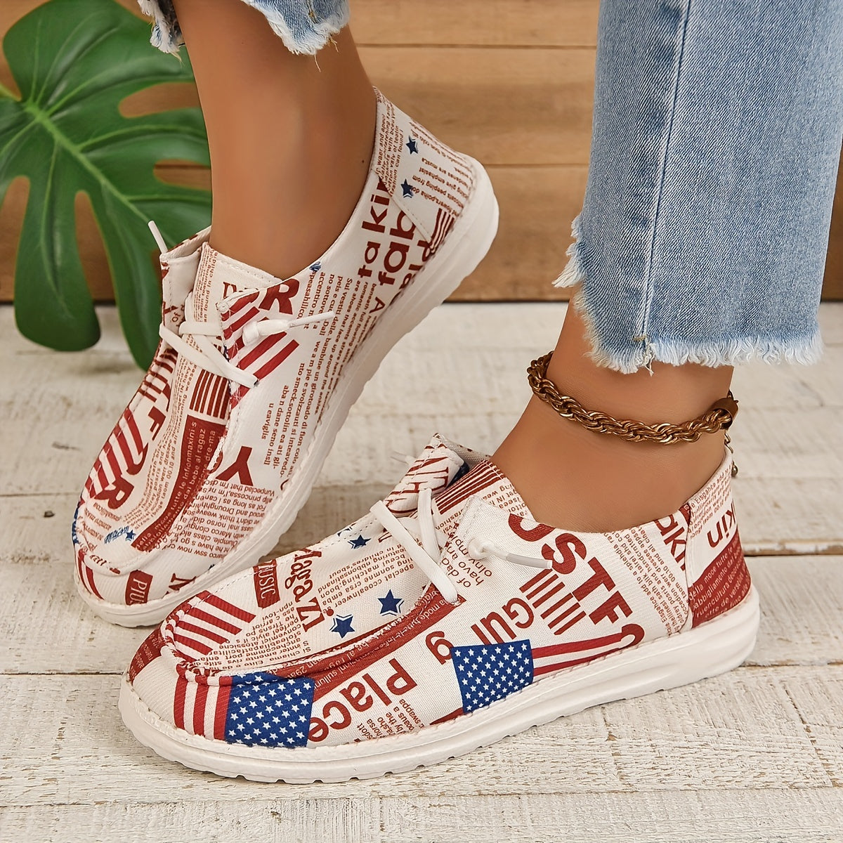 Women's Flag Print Loafers Lace Up Outdoor Sneakers Lightweight Shoes