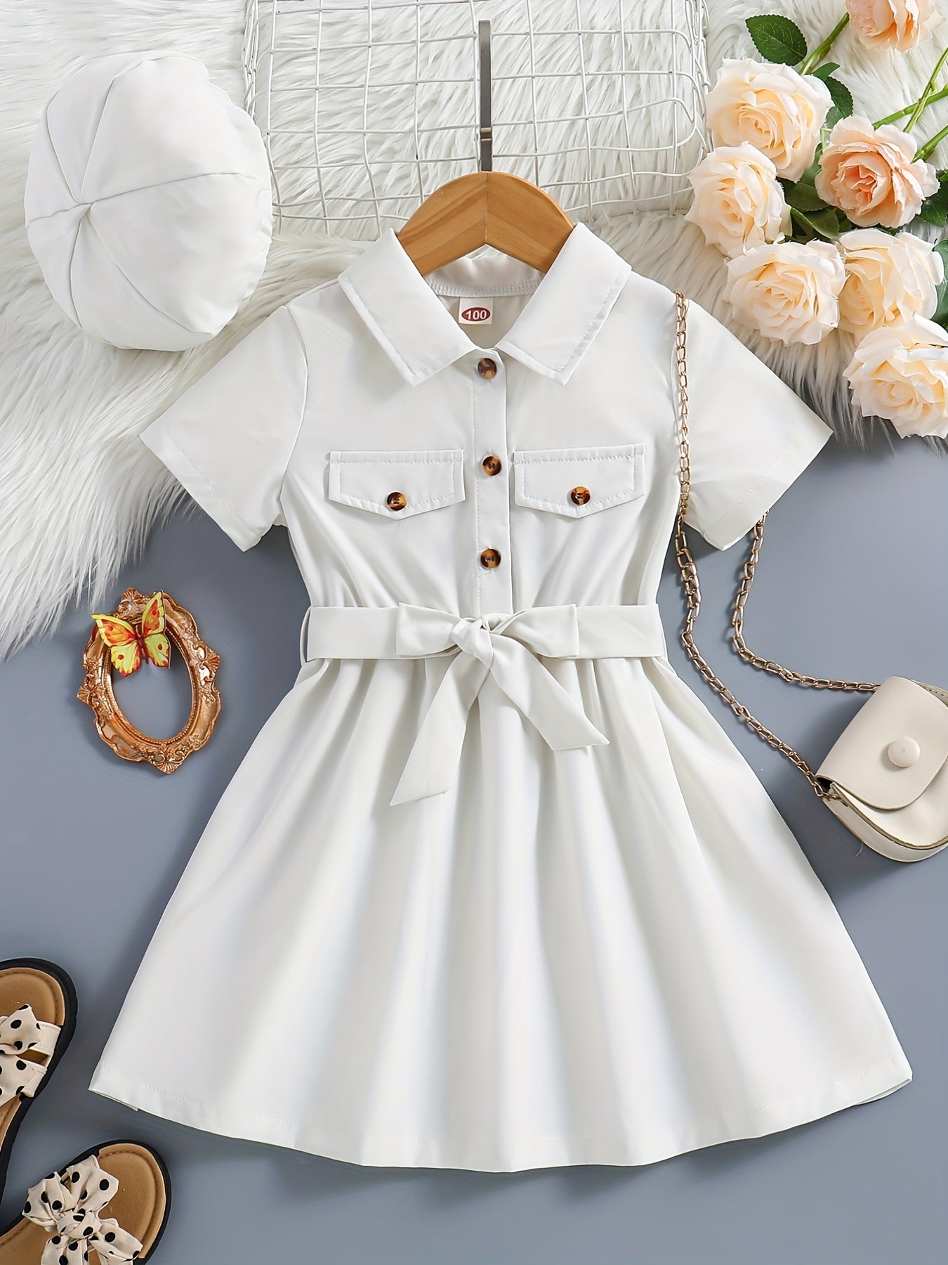 2pcs Toddler Girls Button Flap Shirt Dress & Hat Set Kids Summer Clothes
