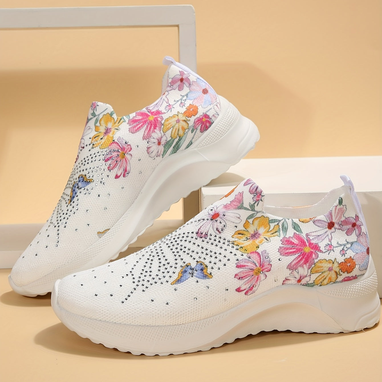 Women's Rhinestone Platform Sneakers Casual Flower & Butterfly Shoes