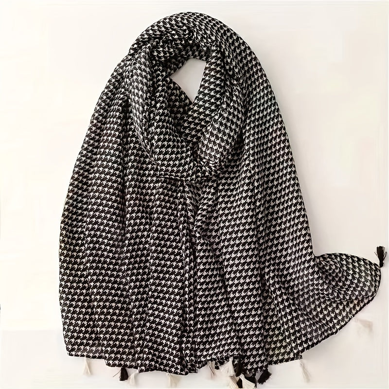 Leopard Print Tassel Scarf Gradient Houndstooth Pattern Shawl