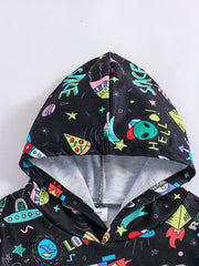 Cartoon Space Print Boys Hooded Sweatshirt