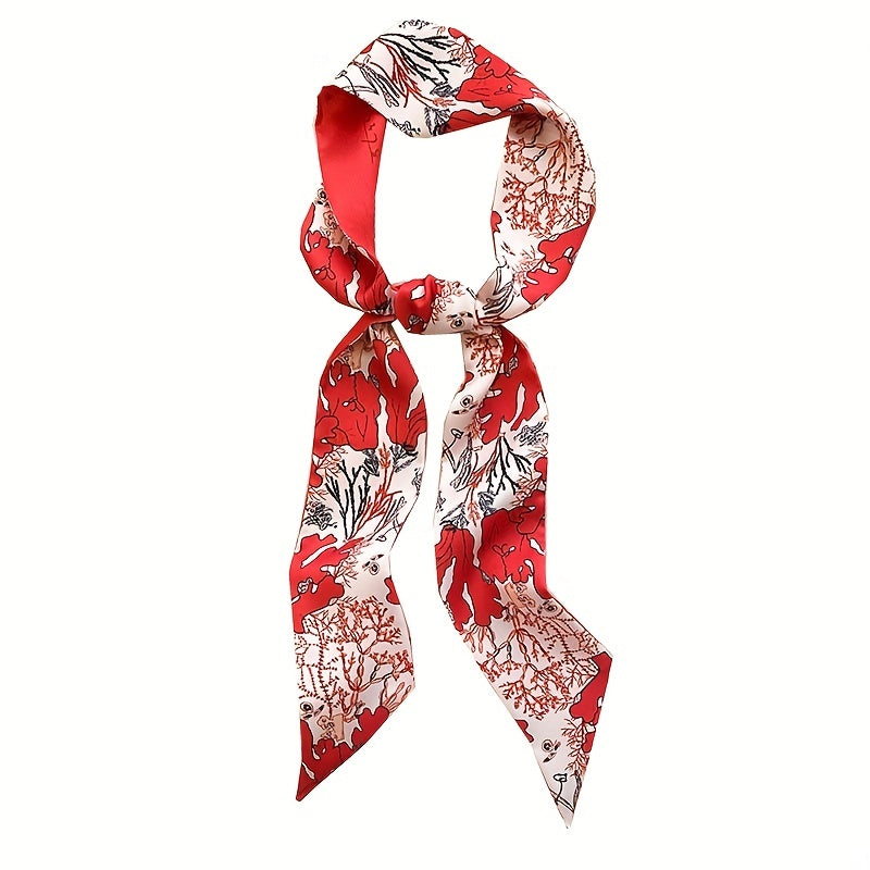 Red Floral Print Skinny Scarf Silk Block Ribbon Necktie Neckerchief