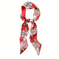 Red Floral Print Skinny Scarf Silk Block Ribbon Necktie Neckerchief