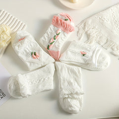 5 Pairs Floral Embroidered Mid Crew Socks Multicolor Women's Socks
