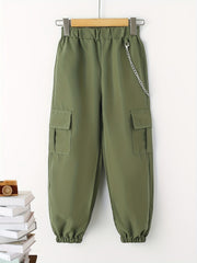 Boys Casual Cargo Pants With Chain Elastic Waist Jogger Pants