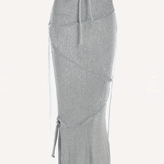 Knitted Drawstring Waist Side Shirring Skirt Casual Ankle Skirt