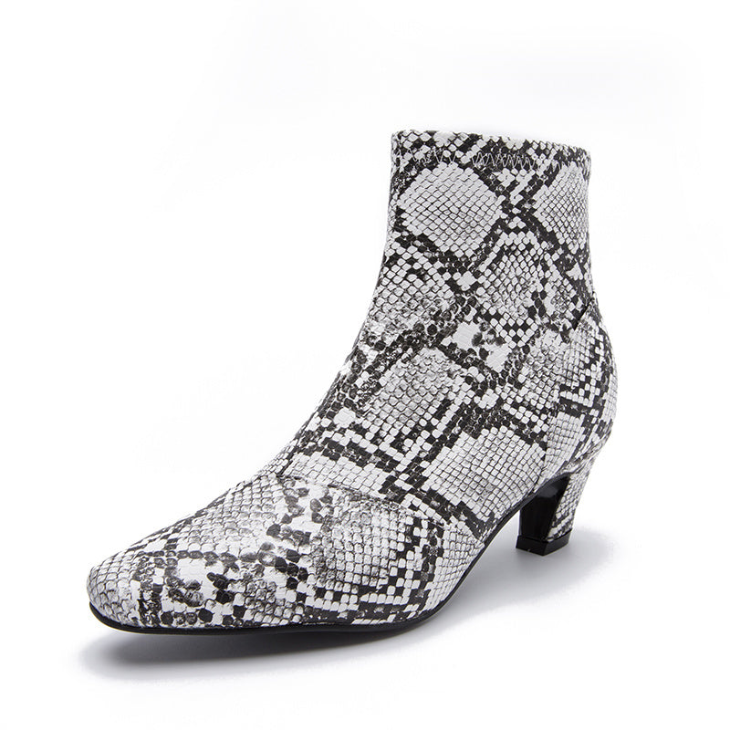 Women's Snakeskin Print Chunky Heeled Short Boots