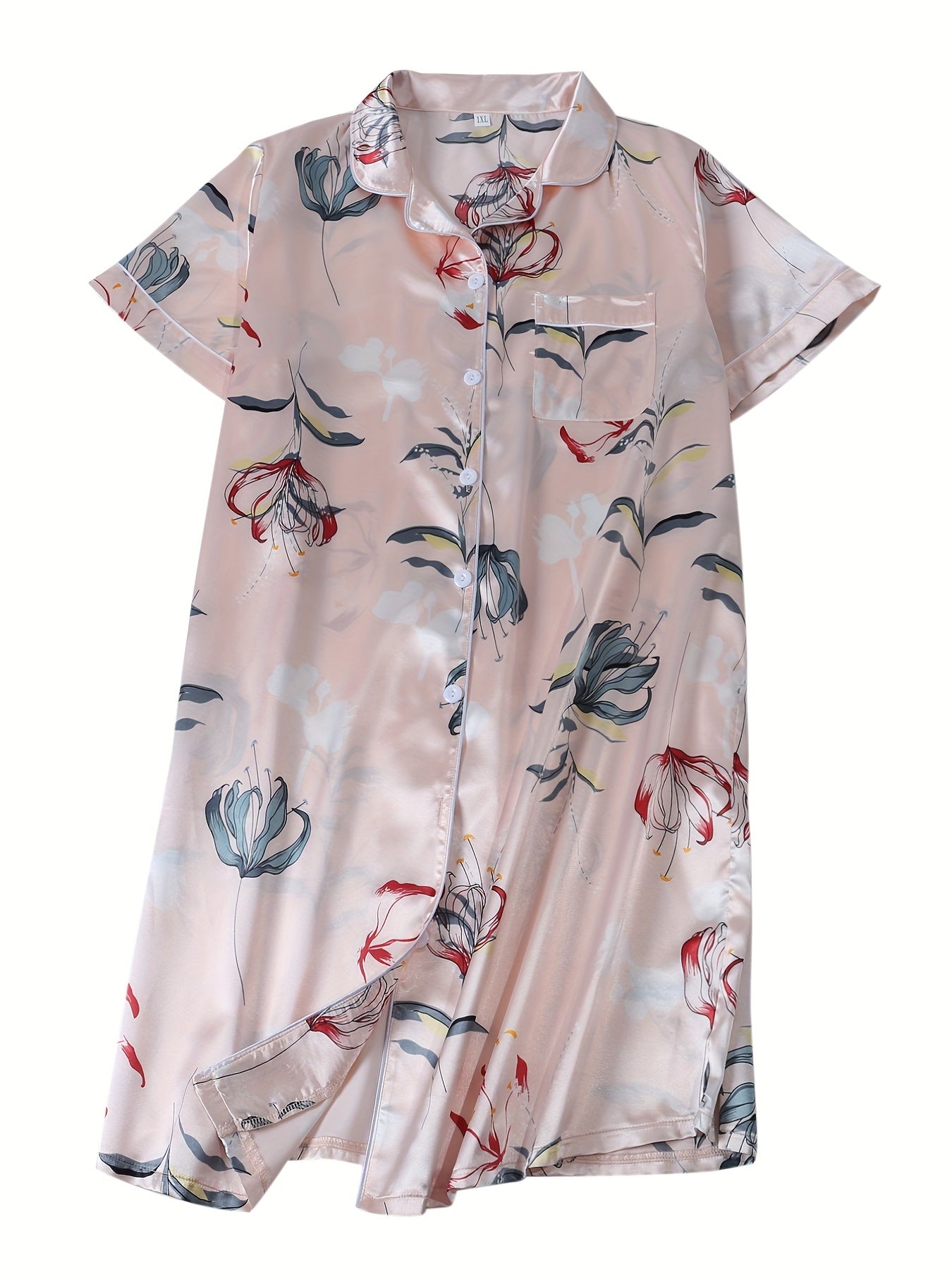 Women's Plus Floral Print Sleep Dress Short Sleeve V Neck Tee Sleep Shirts
