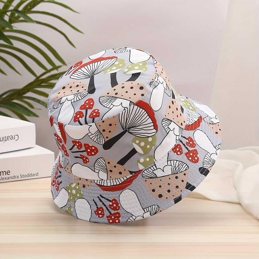 Cartoon Mushroom Print Bucket Hat Lightweight Reversible Fisherman Cap