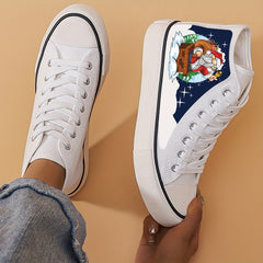 Santa Print Chunky Canvas Sneakers High Top Flat
