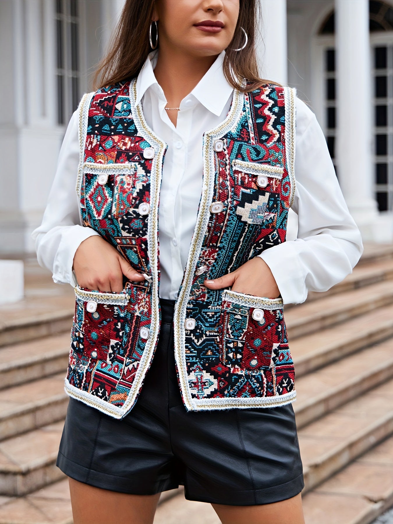 Geometric Pattern Button Front Vest Boho Sleeveless Vest