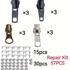 57pc Zipper Repair Kit for Coats Jackets Metal Plastic Nylon Zipper
