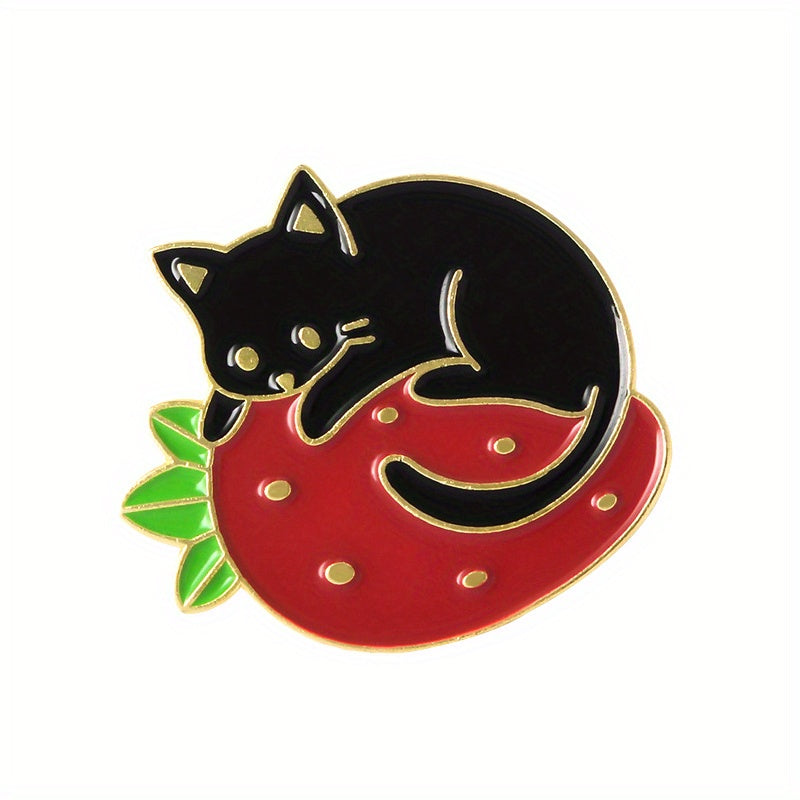 Cat & Strawberry Brooch Set Cute Animal Fruit Pins for Clothing Bags