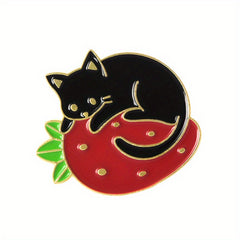 Cat & Strawberry Brooch Set Cute Animal Fruit Pins for Clothing Bags