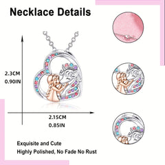 Girl & Unicorn Heart Pendant Necklace Holiday Gift