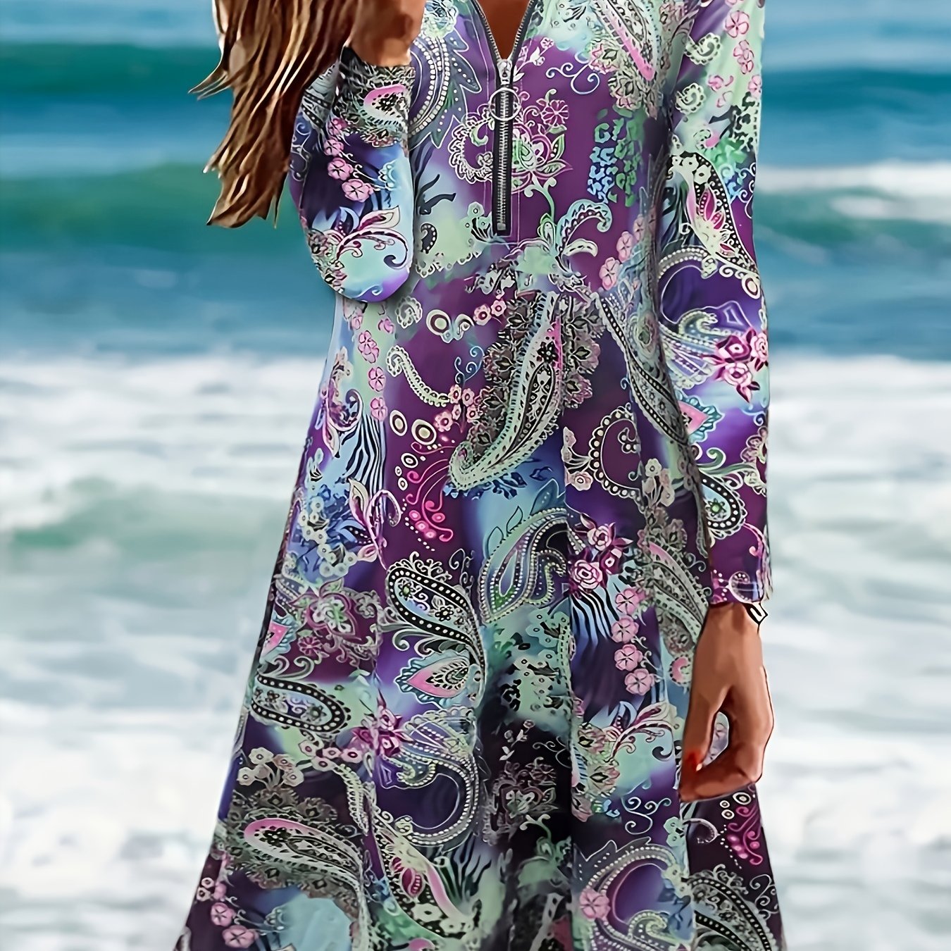 Paisley Print Long Sleeve Half Zipper Boho Dress