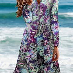 Paisley Print Long Sleeve Half Zipper Boho Dress