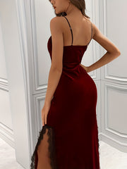 Velvet Nightdress V Neck Lace Trim Spaghetti Strap Slit Sleep Dress