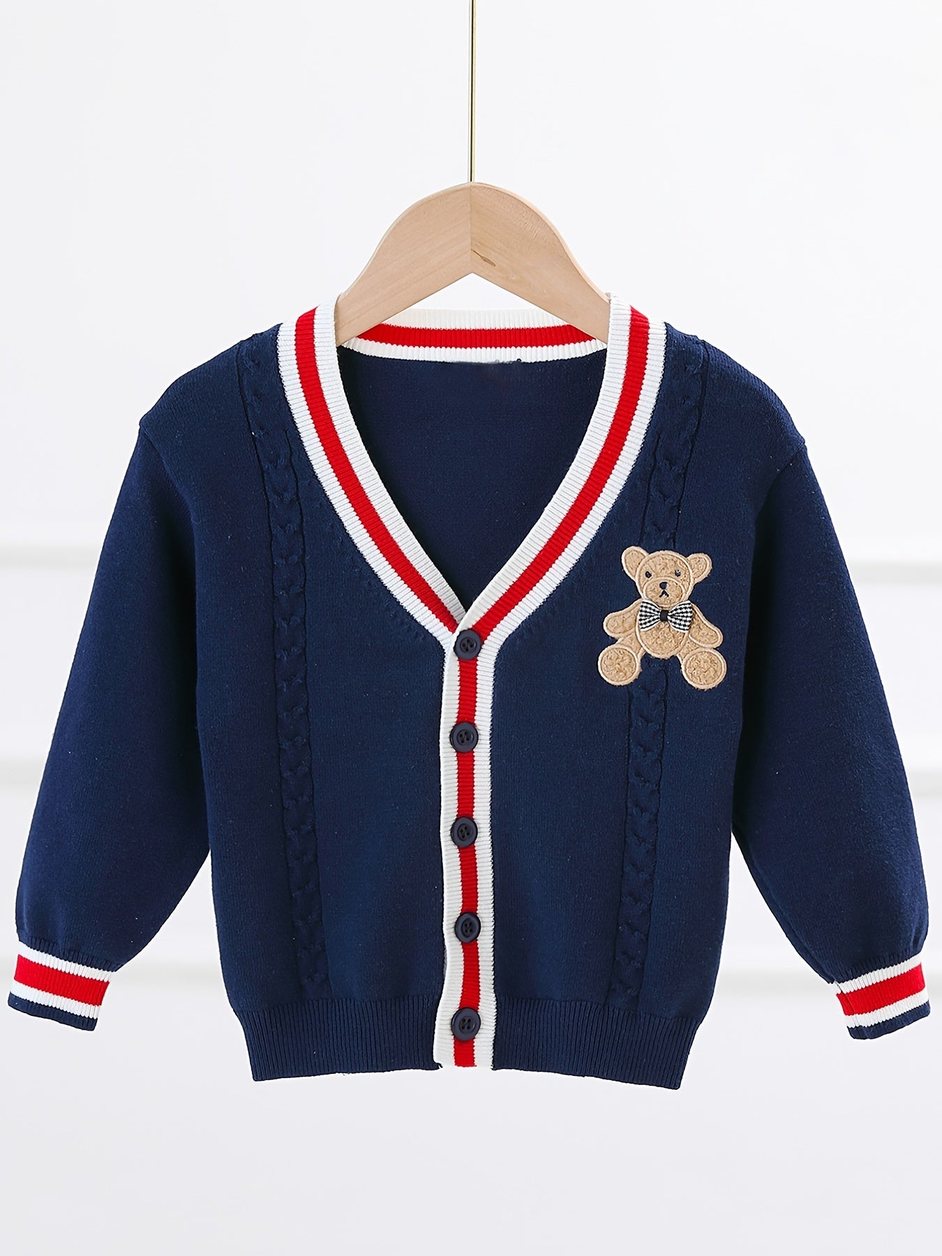 Boys Bear Embroidered Cardigan Sweater Long Sleeve Crew Neck Tops