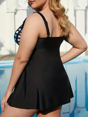 Geometric Print Tankini Set with Belted Medium Stretch