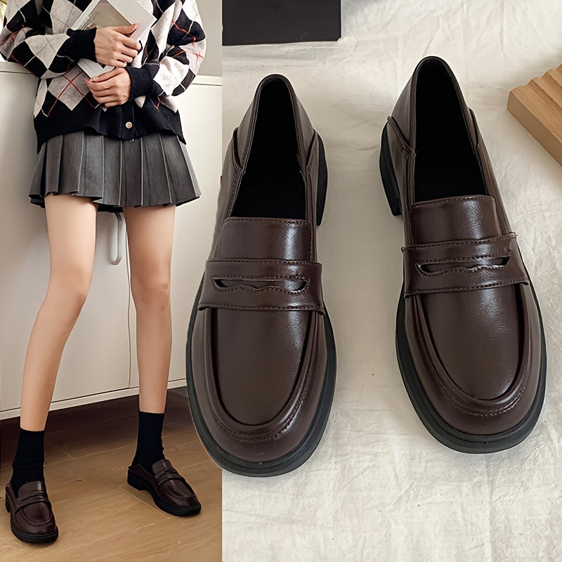 Chunky Low Heeled Loafers Preppy Style Slip On Shoes