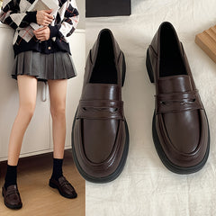 Chunky Low Heeled Loafers Preppy Style Slip On Shoes