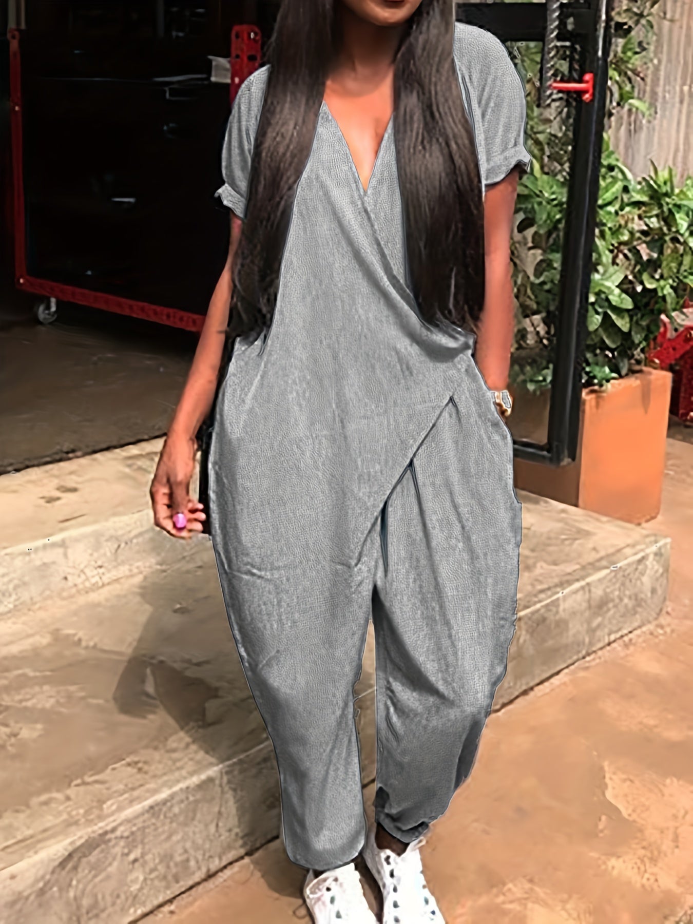Surplice Neck Jumpsuit Short Sleeve High Waist Casual Jumpsuit