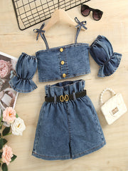 2pcs Toddler Girls Button Crop Top & Shorts Denim Set Summer Clothes