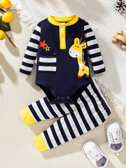 Deer Pattern Romper Striped Pants Set Baby Layette