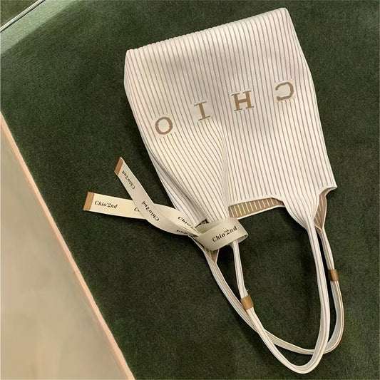 Striped Pattern Shoulder Bag Vintage Knitted Tote Bag