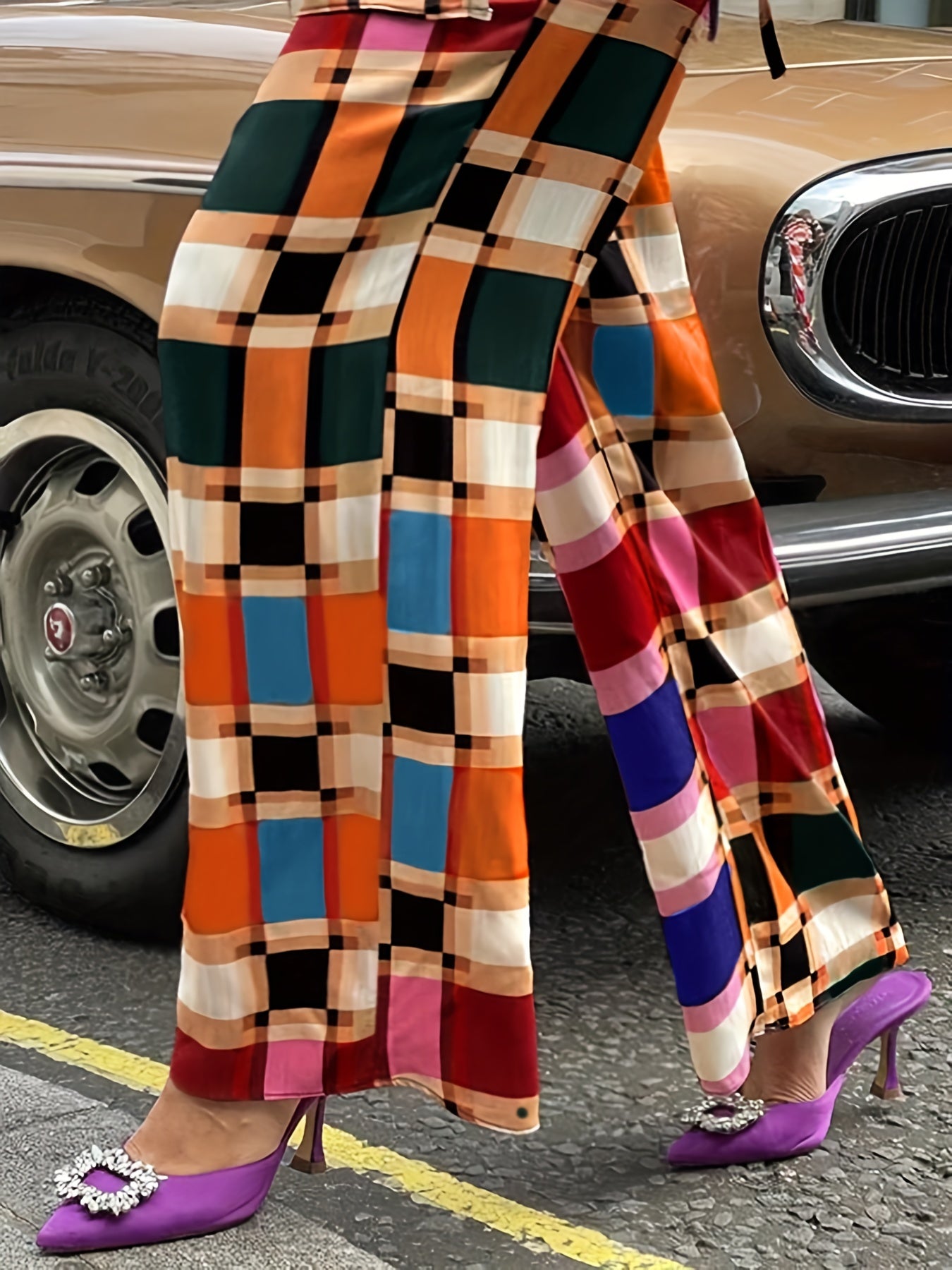 Women's Plus Colorful Plaid Print Lantern Sleeve Knot Side Wrap Top & Pants Set