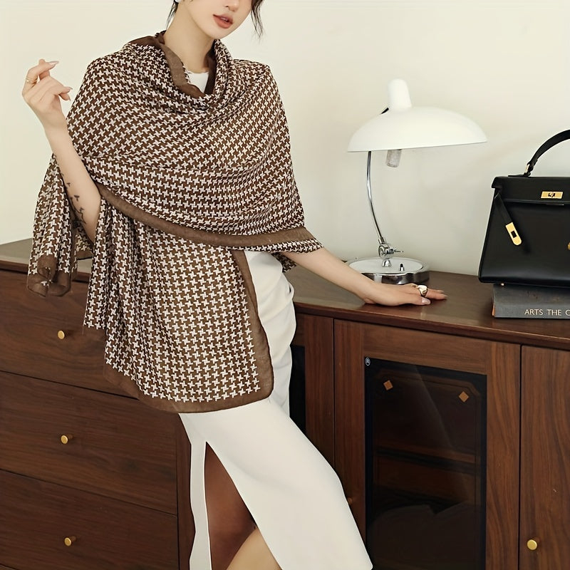 Brown Houndstooth Print Large Scarf Shawl Sunscreen Head Wrap