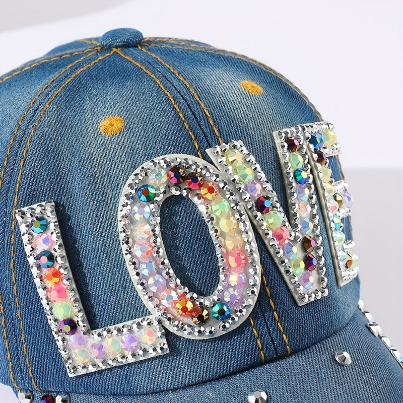 Rhinestone LOVE Patch Baseball Cap Denim Distressed Dad Hat