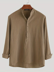 Men's Vintage Trachten Shirt Solid Long Sleeve Stand Collar Shirt