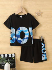 Boys Teen Casual Letter Graphic Tee & Shorts Set for Summer
