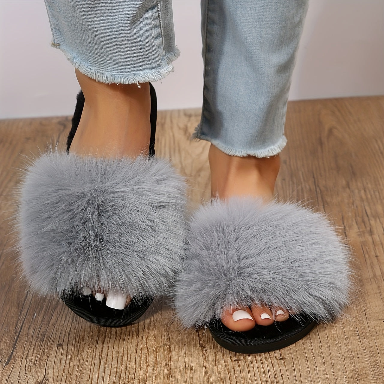 Faux Fur Slippers Casual Slip On Plush Slippers Comfortable Indoor Home Shoes